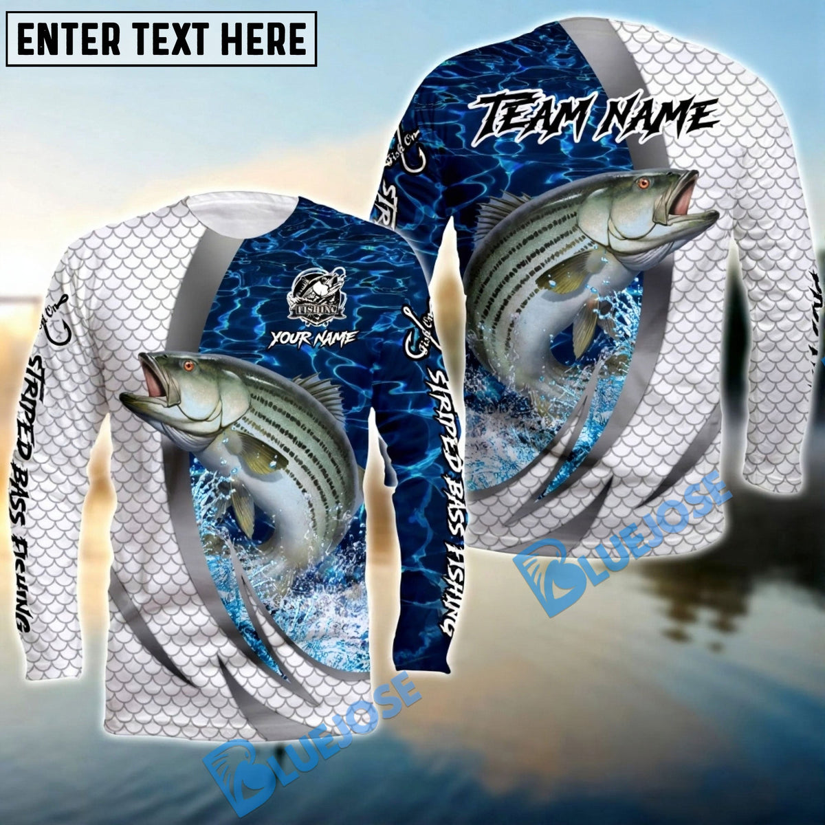 Bluejose Striped Bass Silver Scale Pattern Realistic Jumping Fish Water Splash Custom Name &amp; Team Name 3D Shirts