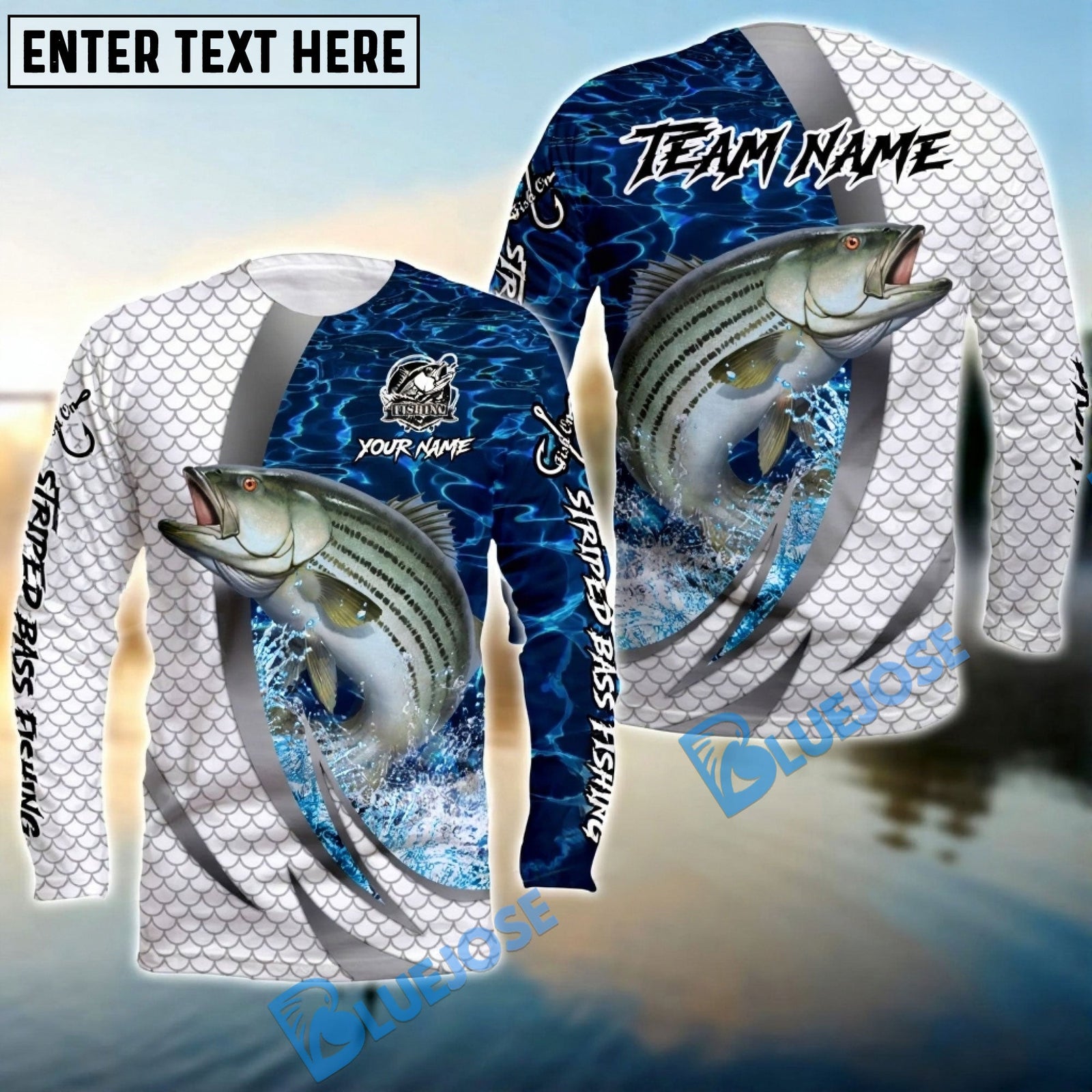 Bluejose Striped Bass Silver Scale Pattern Realistic Jumping Fish Water Splash Custom Name & Team Name 3D Shirts