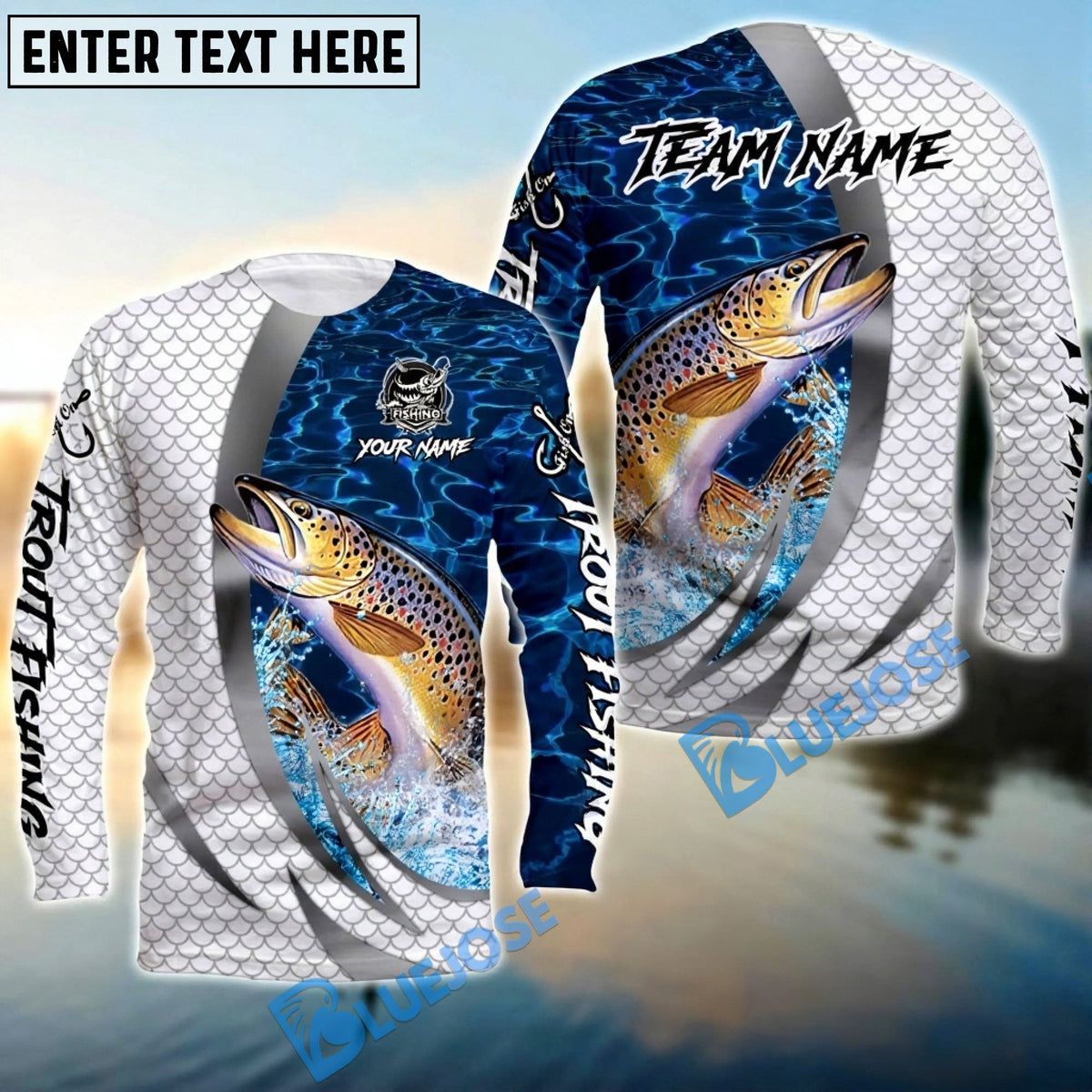 Bluejose Trout Silver Scale Pattern Realistic Jumping Fish Water Splash Custom Name &amp; Team Name 3D Shirts