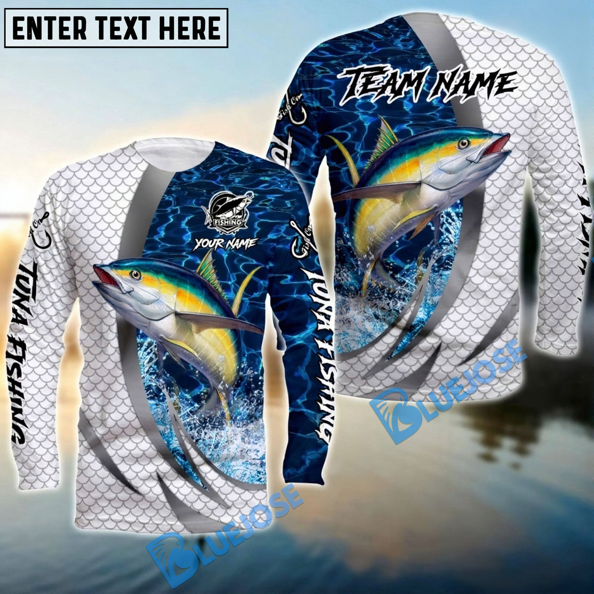 Bluejose Tuna Silver Scale Pattern Realistic Jumping Fish Water Splash Custom Name &amp; Team Name 3D Shirts