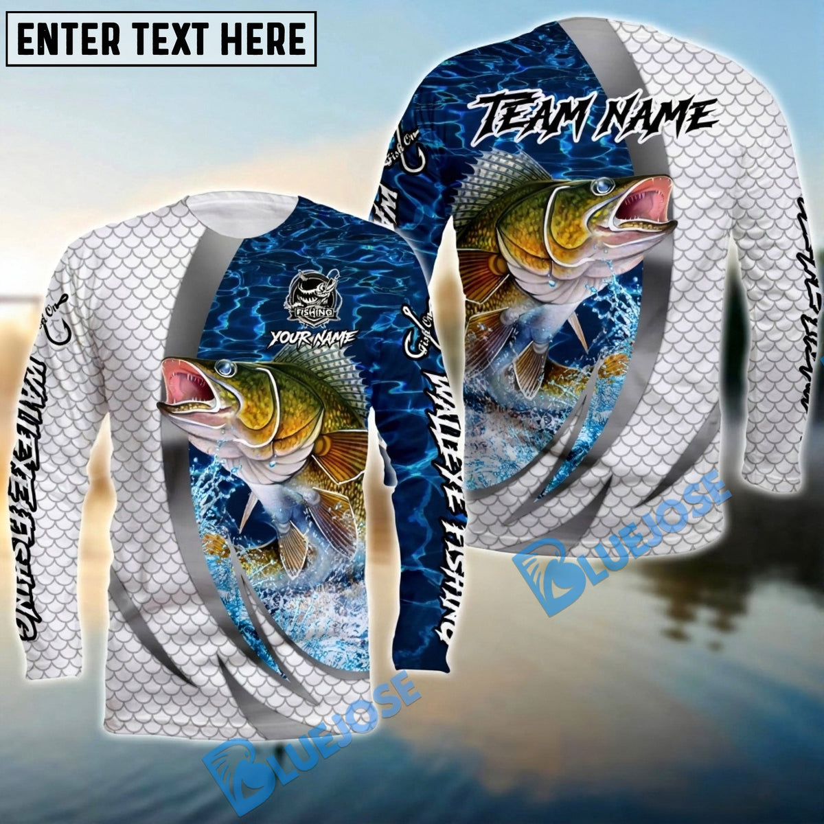 Bluejose Walleye Silver Scale Pattern Realistic Jumping Fish Water Splash Custom Name &amp; Team Name 3D Shirts