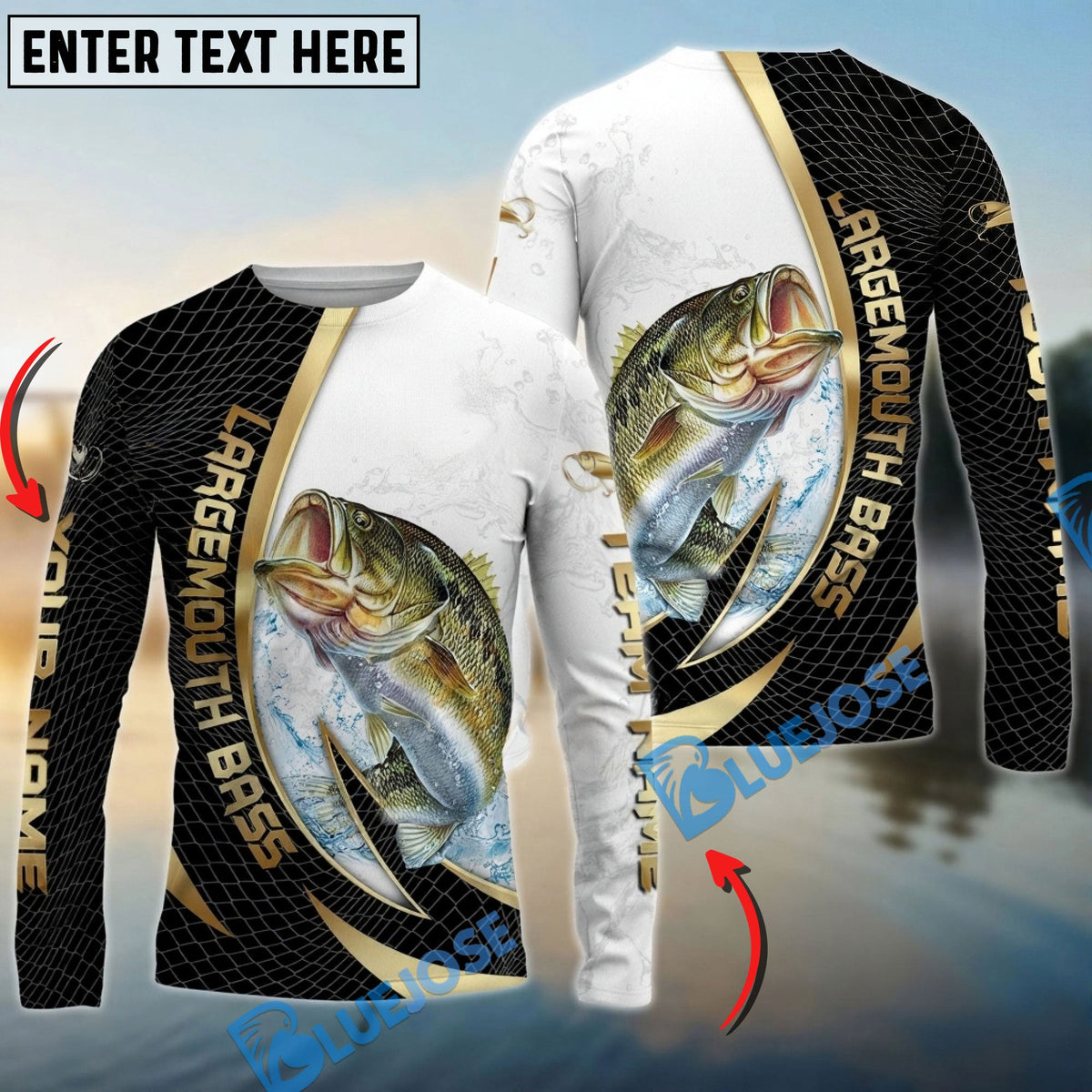 Bluejose Bass Fishing Gold Black Net Dynamic Jump Custom Name &amp; Team Name 3D Shirts