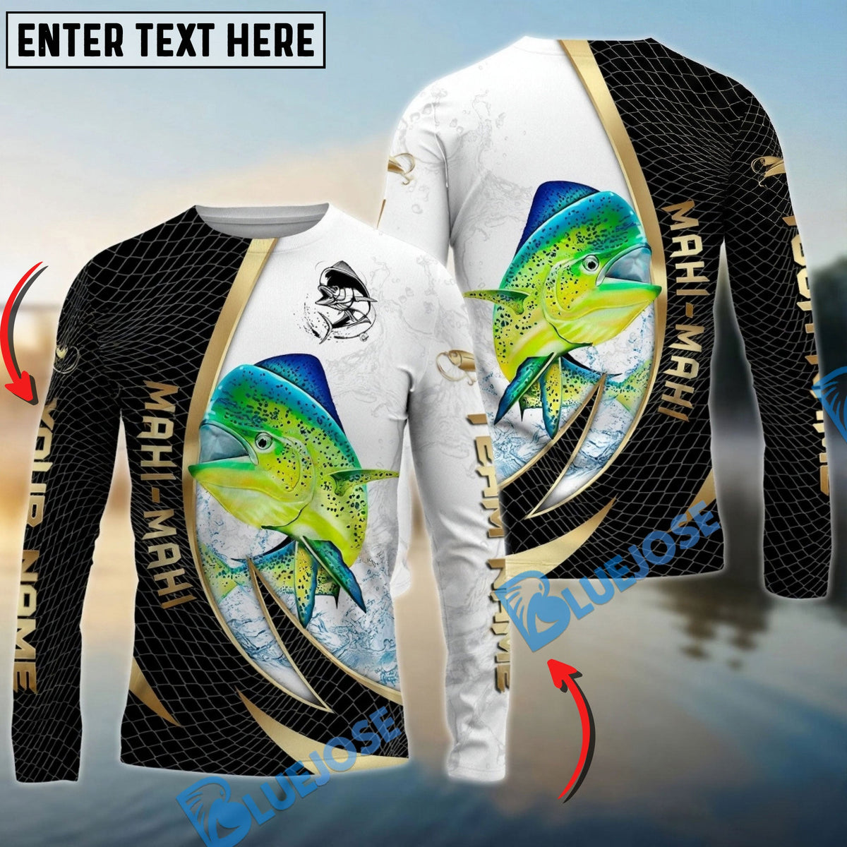 Bluejose Mahi-Mahi Fishing Gold Black Net Dynamic Jump Custom Name &amp; Team Name 3D Shirts