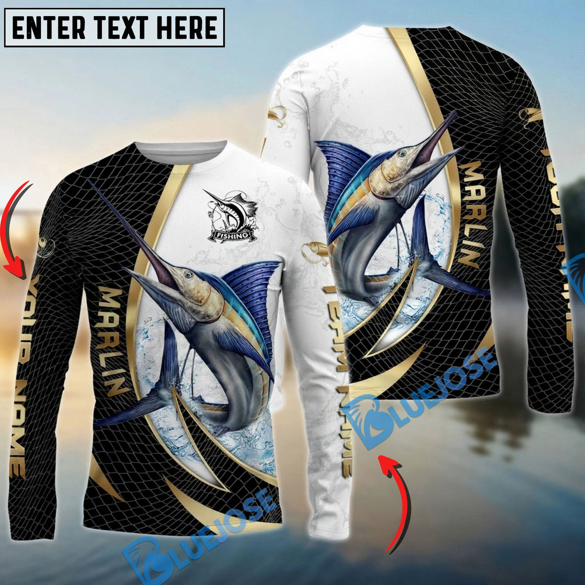 Bluejose Marlin Fishing Gold Black Net Dynamic Jump Custom Name &amp; Team Name 3D Shirts