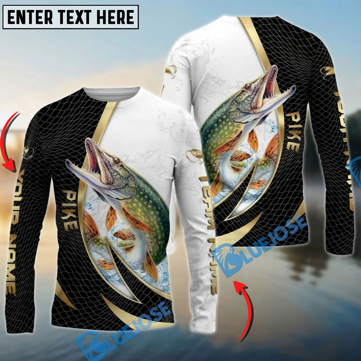 Bluejose Pike Fishing Gold Black Net Dynamic Jump Custom Name &amp; Team Name 3D Shirts