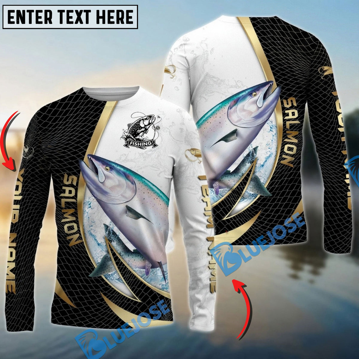 Bluejose Salmon Fishing Gold Black Net Dynamic Jump Custom Name &amp; Team Name 3D Shirts