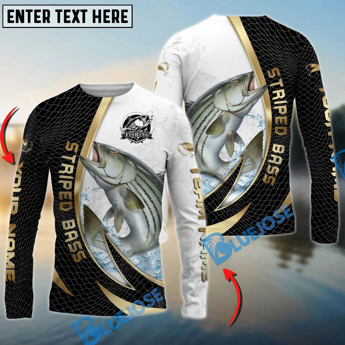 Bluejose Striped Bass Fishing Gold Black Net Dynamic Jump Custom Name &amp; Team Name 3D Shirts