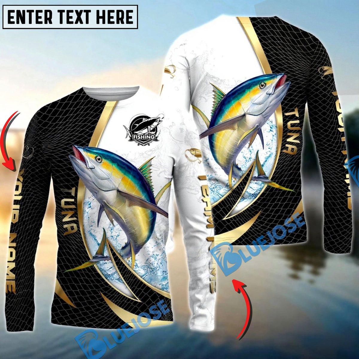 Bluejose Tuna Fishing Gold Black Net Dynamic Jump Custom Name &amp; Team Name 3D Shirts