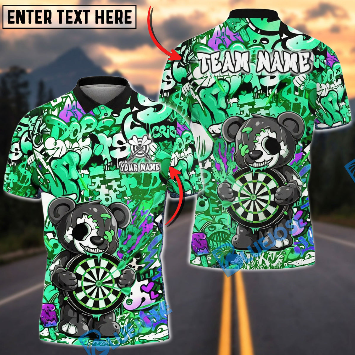 BlueJose Darts Zombie Bear Dark Graffiti Horror Art Multicolor Options Personalized Name Shirt (4 Colors)