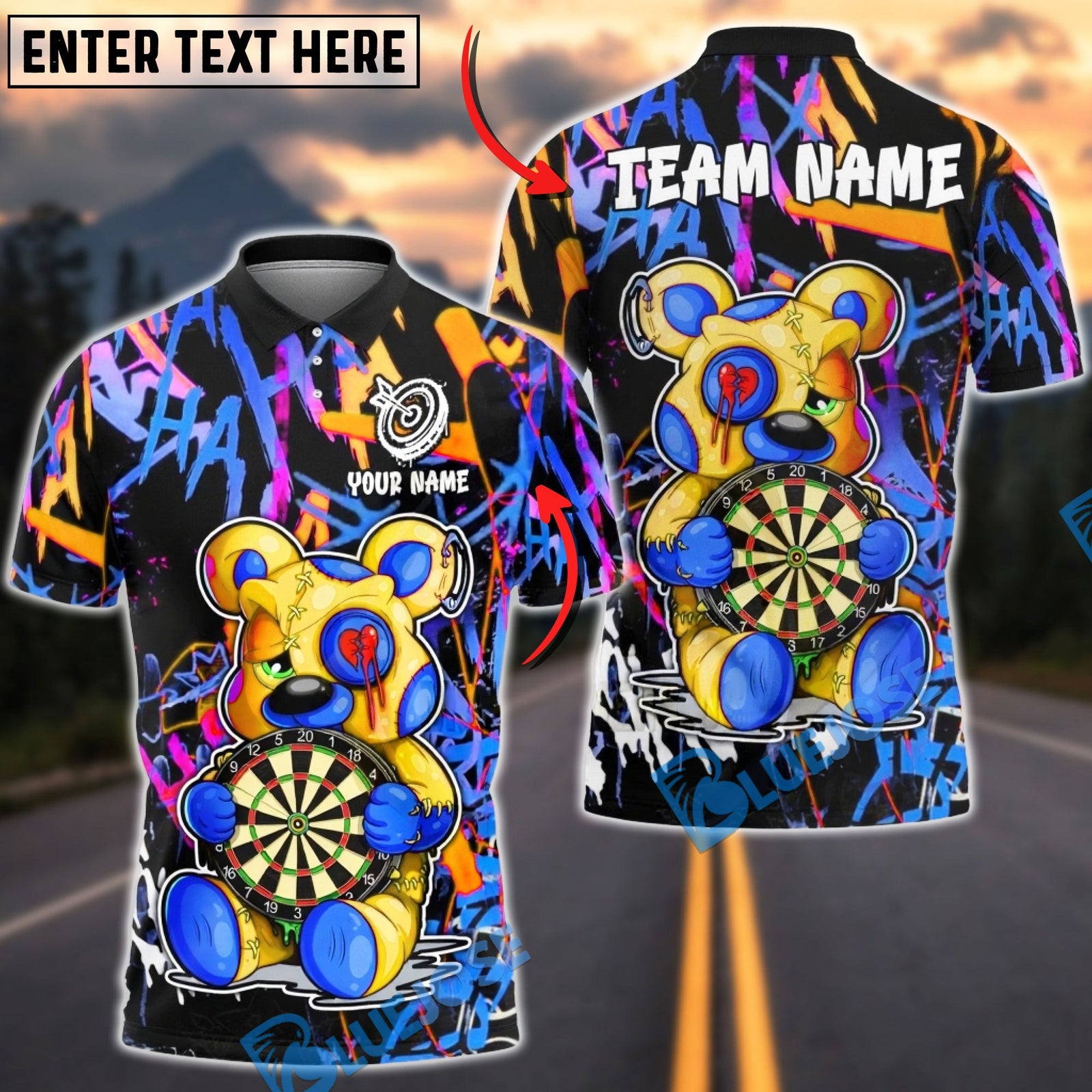 BlueJose Darts Bear Graffiti Heart Breaker Art Multicolor Options Personalized Name Shirt (6 Colors)