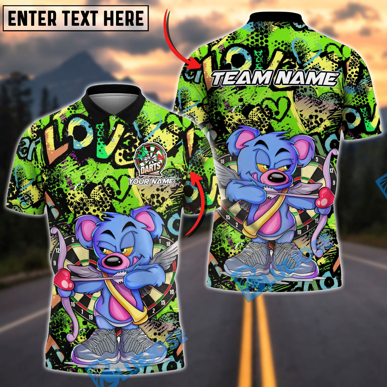 BlueJose Darts Bear Archer Graffiti Love Theme Multicolor Options Personalized Name Shirt (4 Colors)