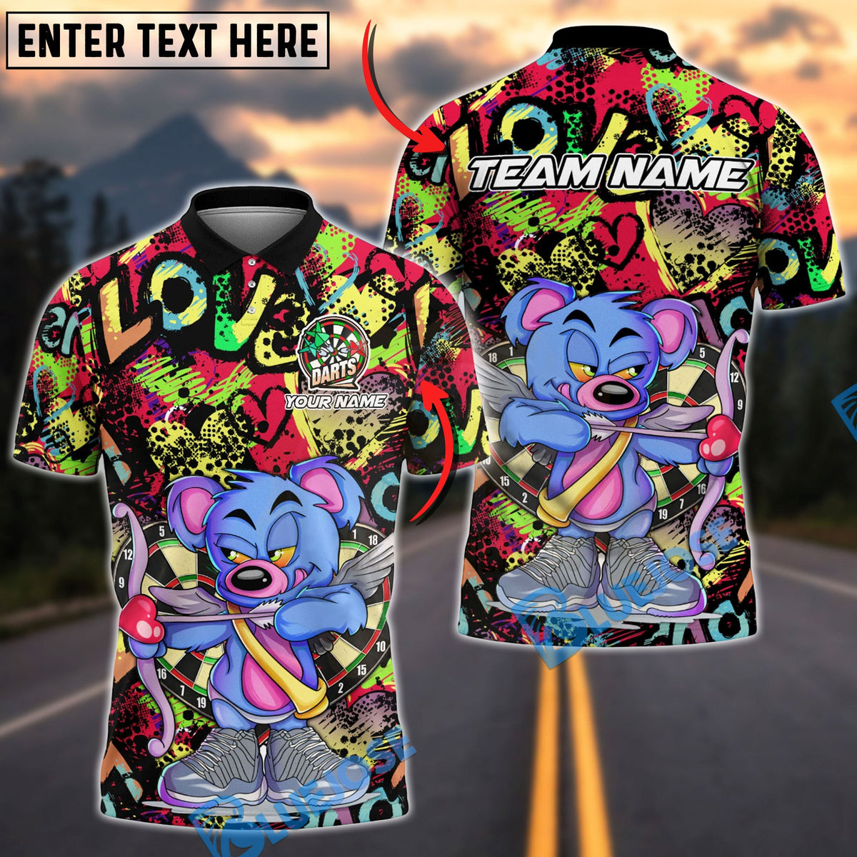 BlueJose Darts Bear Archer Graffiti Love Theme Multicolor Options Personalized Name Shirt (4 Colors)