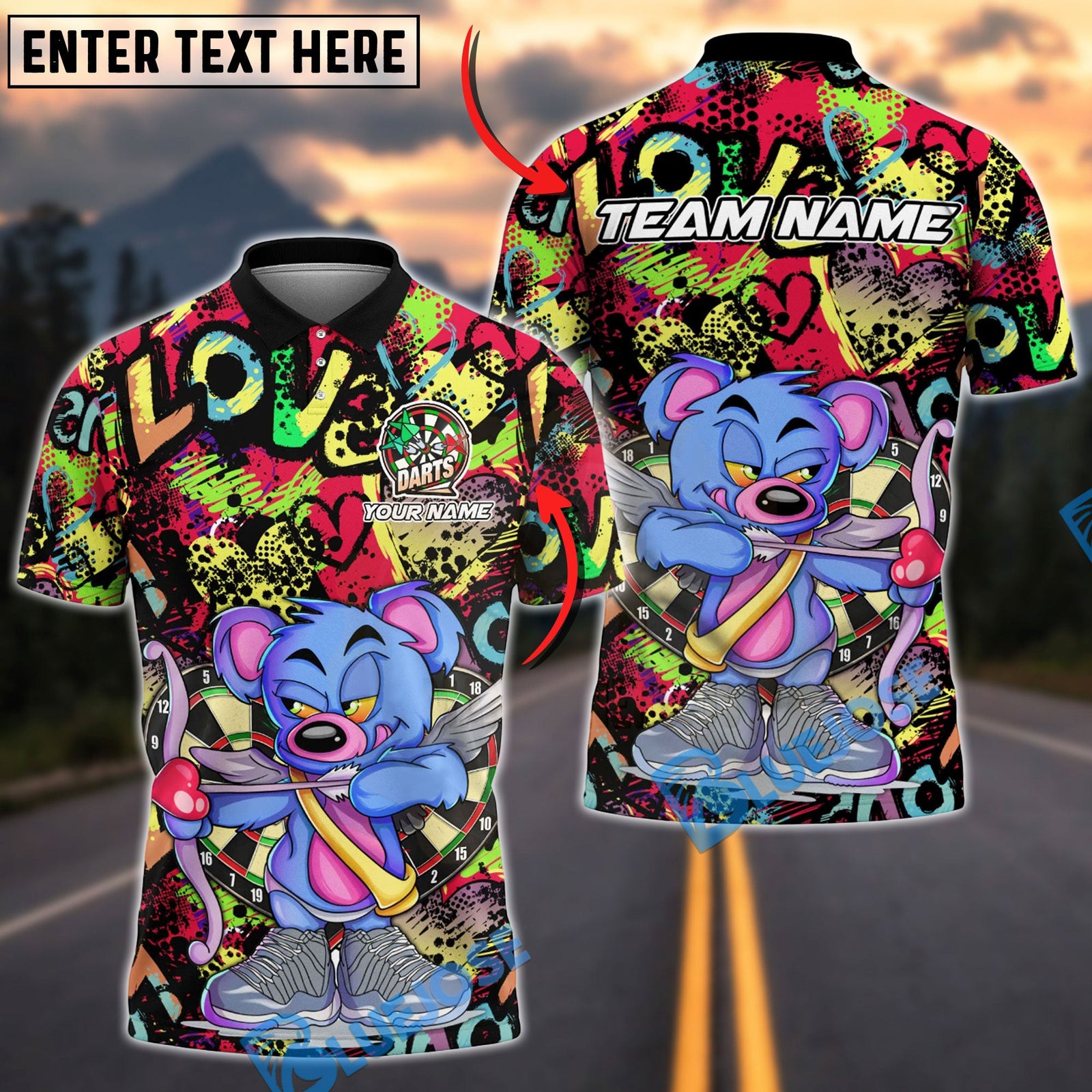 BlueJose Darts Bear Archer Graffiti Love Theme Multicolor Options Personalized Name Shirt (4 Colors)