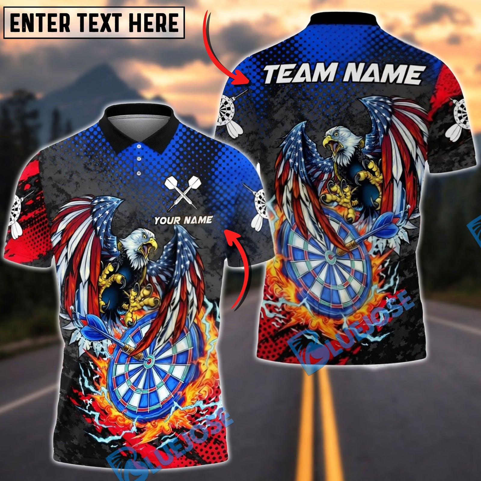 BlueJose Darts Distressed American Eagle Dartboard Splash Personalized Name Shirt