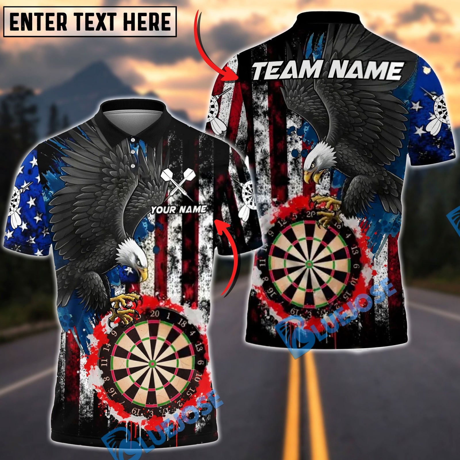 BlueJose Darts American Flag Grunge Eagle Double Dartboard Red Splatter Personalized Name Shirt