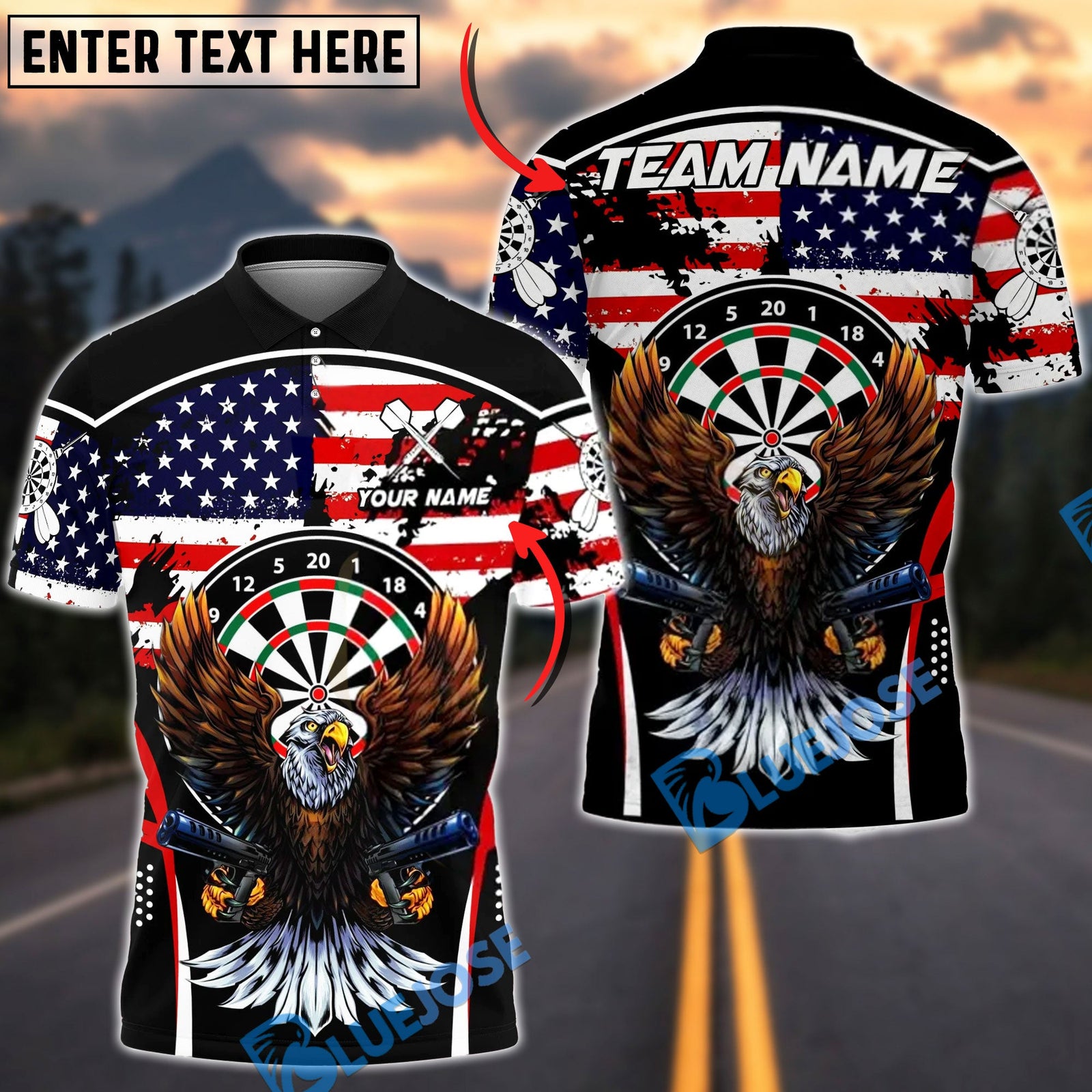 BlueJose Darts Patriotic League USA Flag Eagle Target Dartboard Badge Personalized Name Shirt