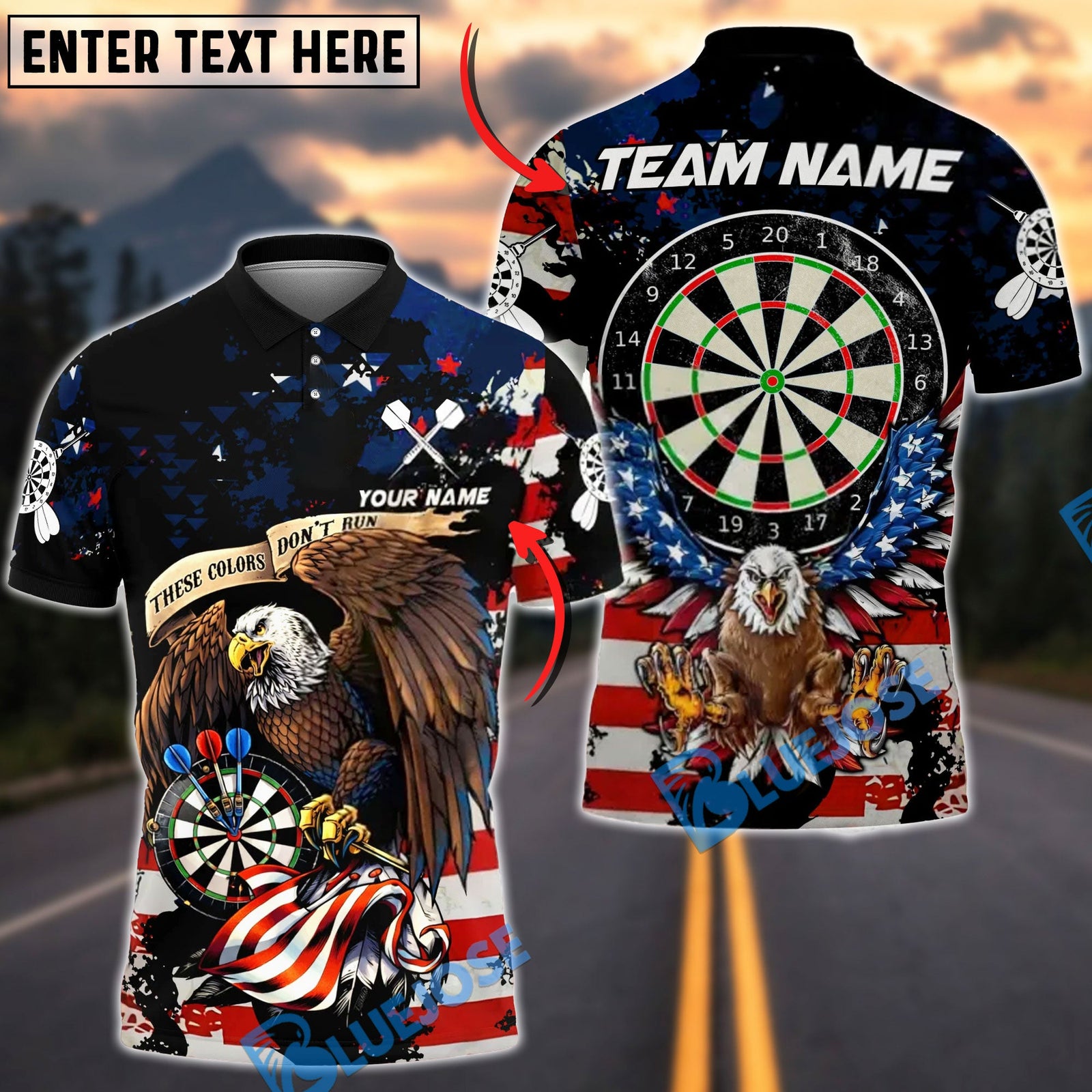 BlueJose Darts Patriotic These Colors Don‚Äôt Run Eagle Dartboard Banner Personalized Name Shirt