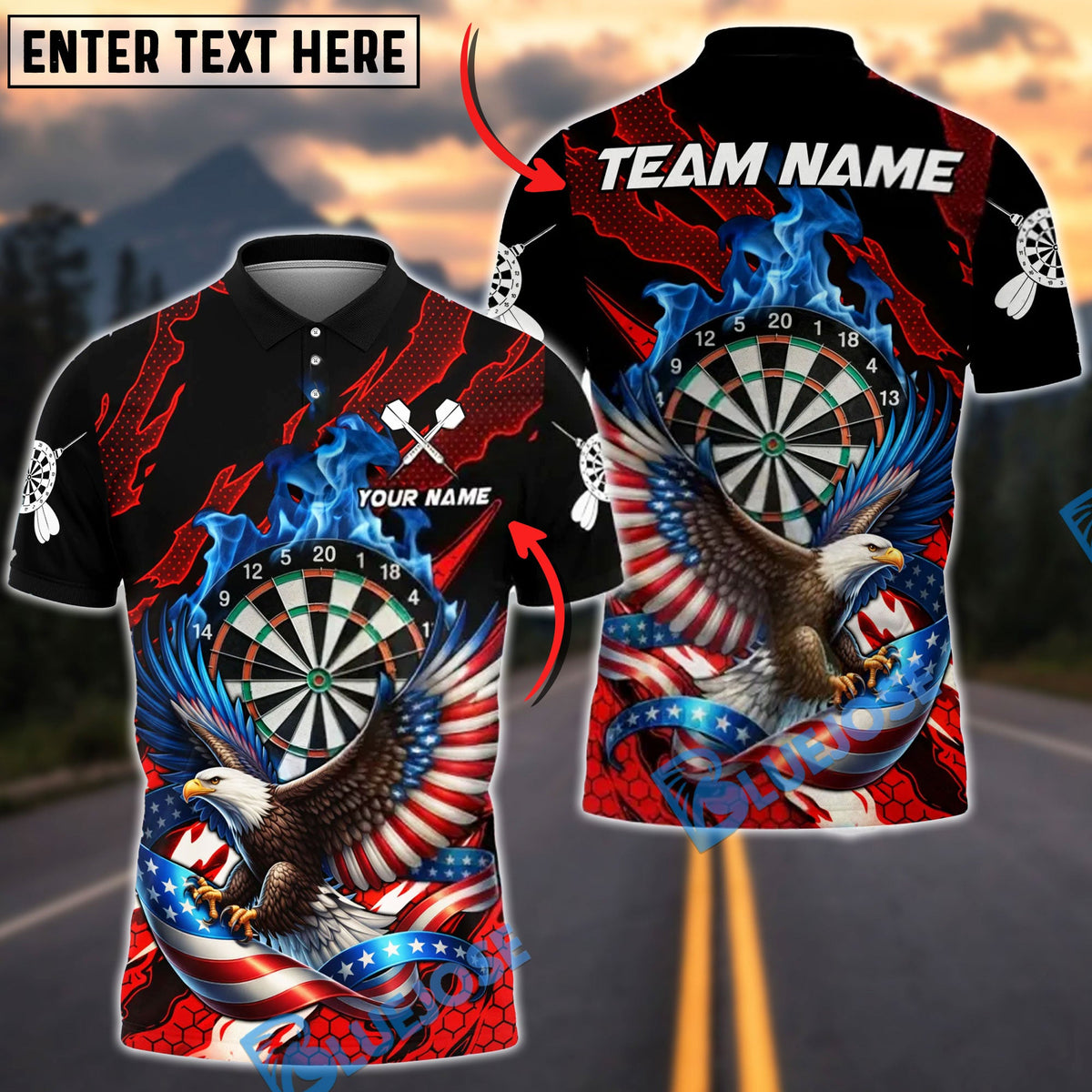 BlueJose Darts Patriotic Blue Flame Dartboard Soaring Eagle Ribbon Flag Personalized Name Shirt