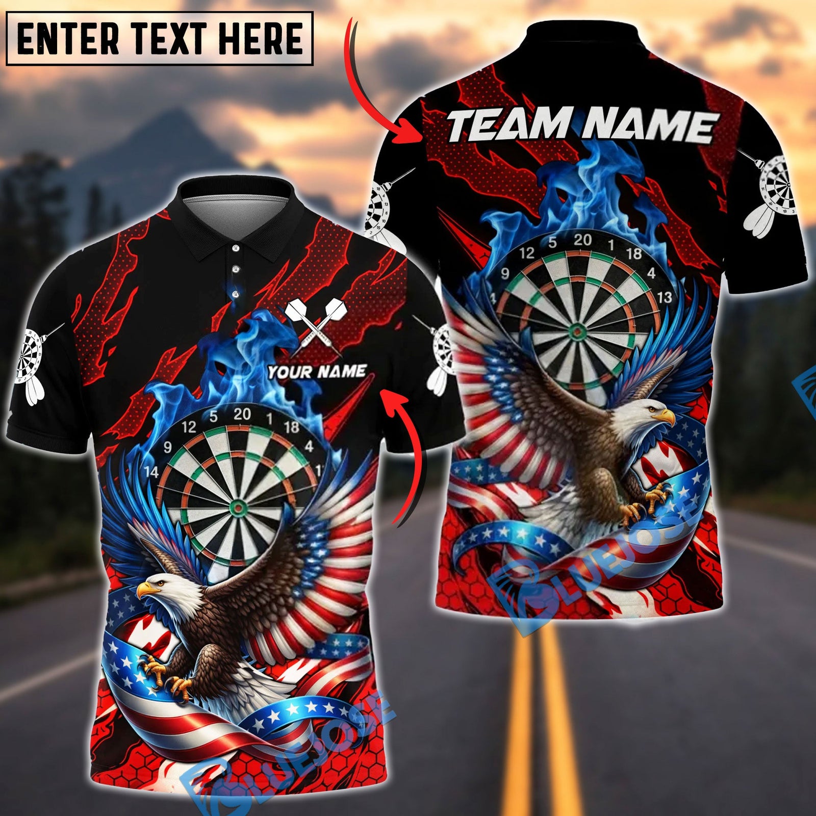 BlueJose Darts Patriotic Blue Flame Dartboard Soaring Eagle Ribbon Flag Personalized Name Shirt