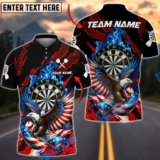 BlueJose Darts Patriotic Blue Flame Dartboard Soaring Eagle Ribbon Flag Personalized Name Shirt