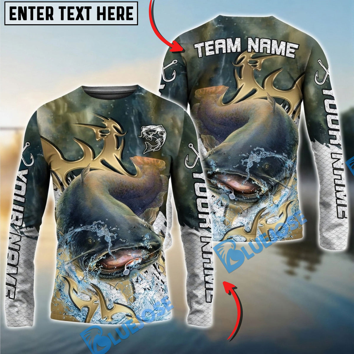 Bluejose Catfish Fishing Trophy Power Splash Art Custom Name &amp; Team Name 3D Shirts