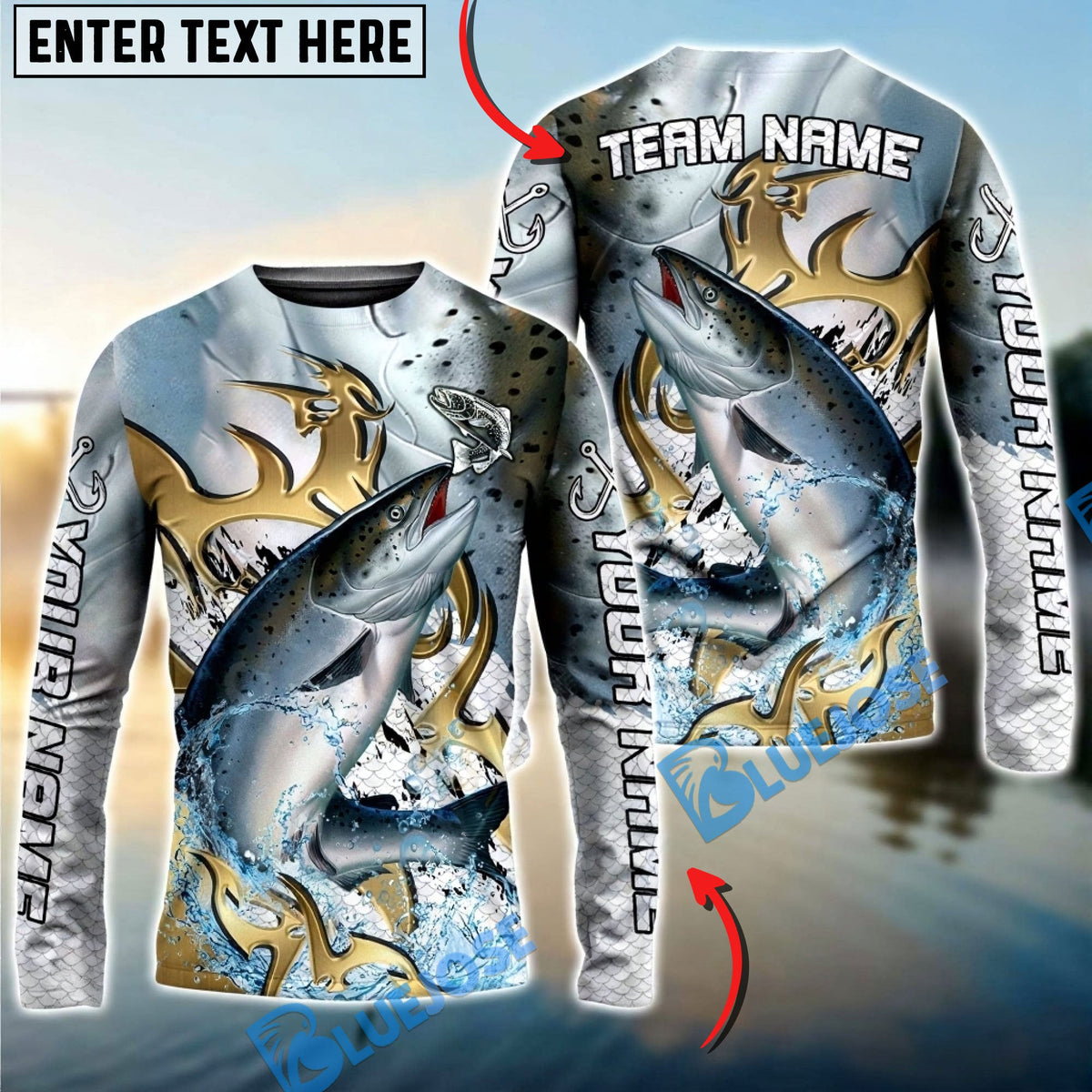 Bluejose Chinook Fishing Trophy Power Splash Art Custom Name &amp; Team Name 3D Shirts