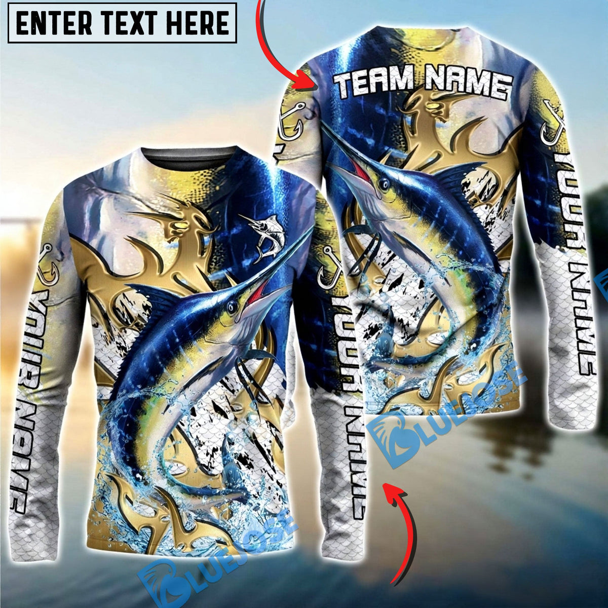 Bluejose Marlin Fishing Trophy Power Splash Art Custom Name &amp; Team Name 3D Shirts