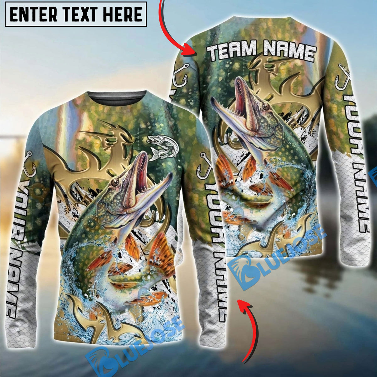 Bluejose Pike Fishing Trophy Power Splash Art Custom Name &amp; Team Name 3D Shirts
