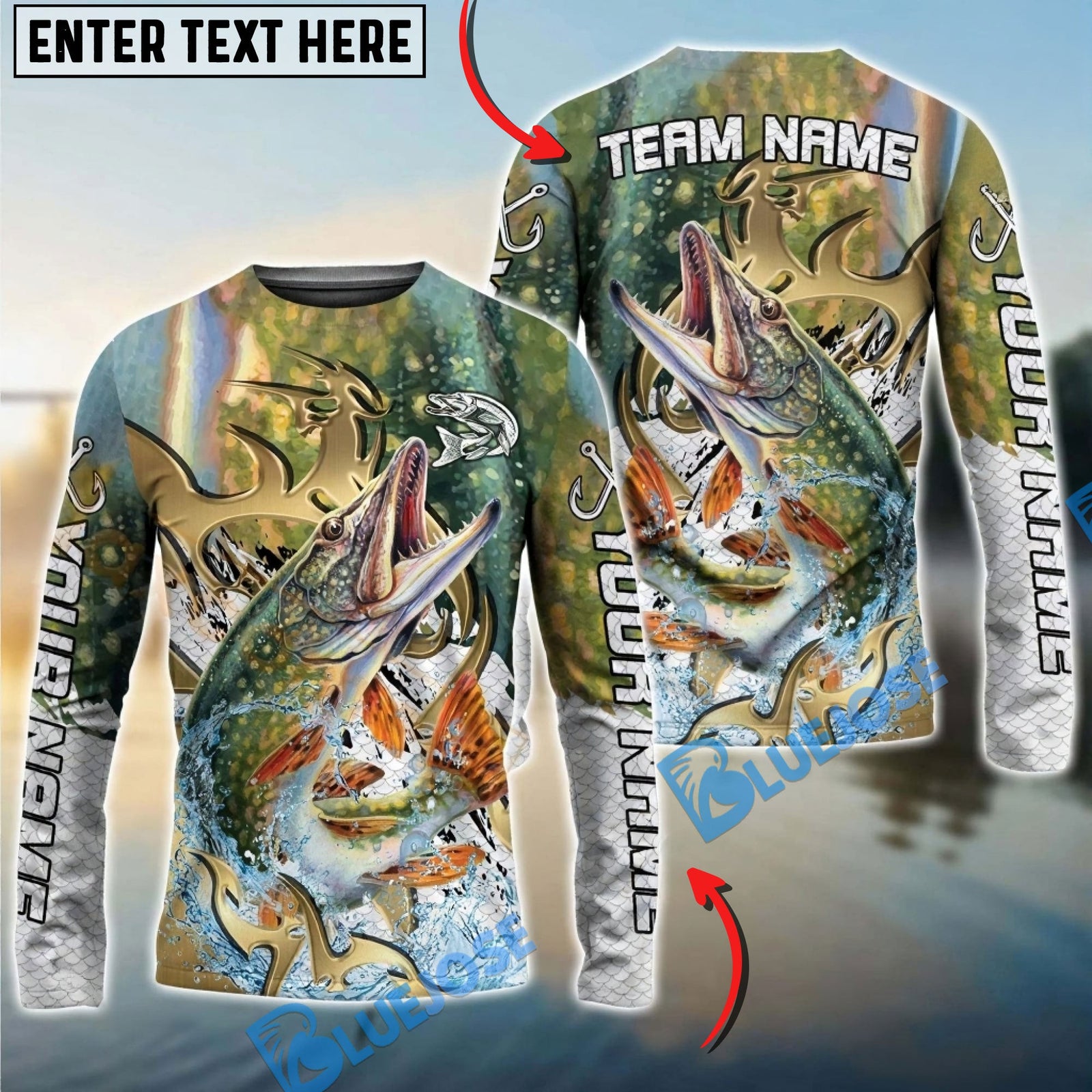 Bluejose Pike Fishing Trophy Power Splash Art Custom Name & Team Name 3D Shirts