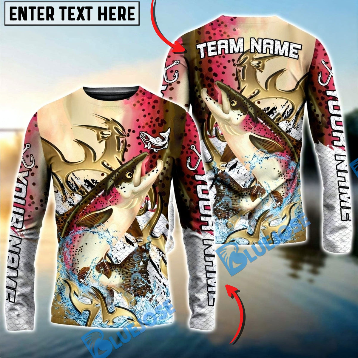 Bluejose Salmon Fishing Trophy Power Splash Art Custom Name &amp; Team Name 3D Shirts