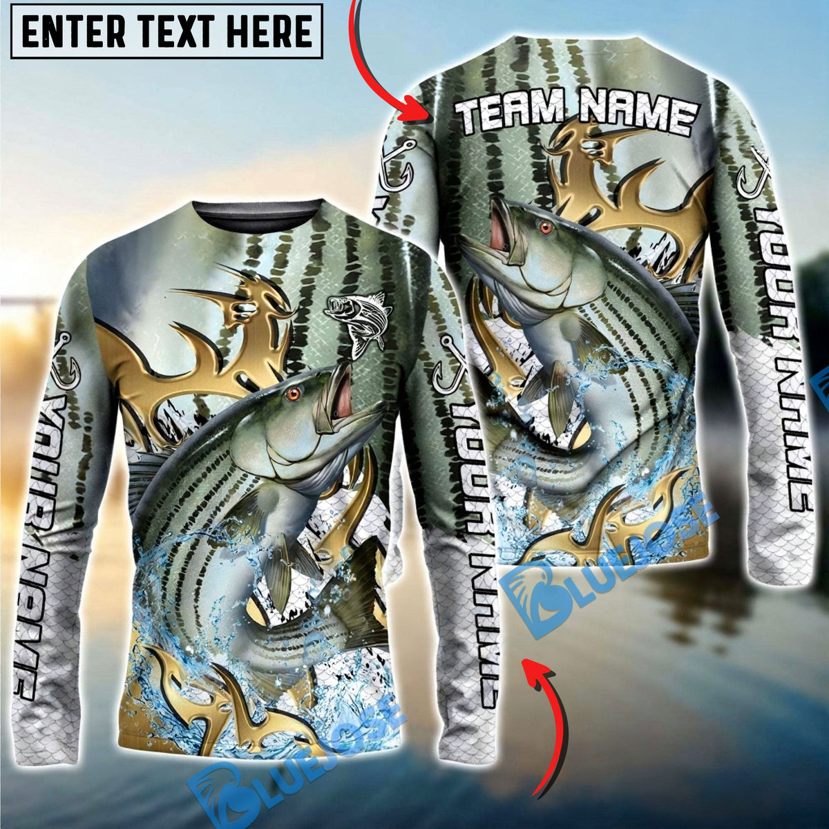 Bluejose Striped Bass Fishing Trophy Power Splash Art Custom Name &amp; Team Name 3D Shirts