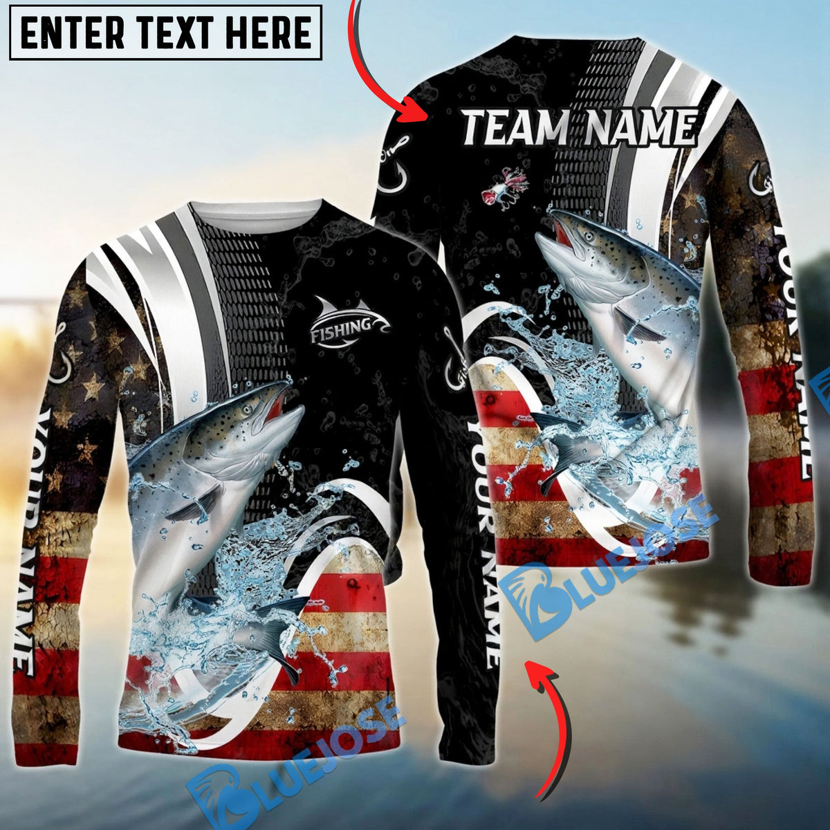 Bluejose Chinook Salmon Fishing American Flag Splash Art Custom Name &amp; Team Name 3D Shirts