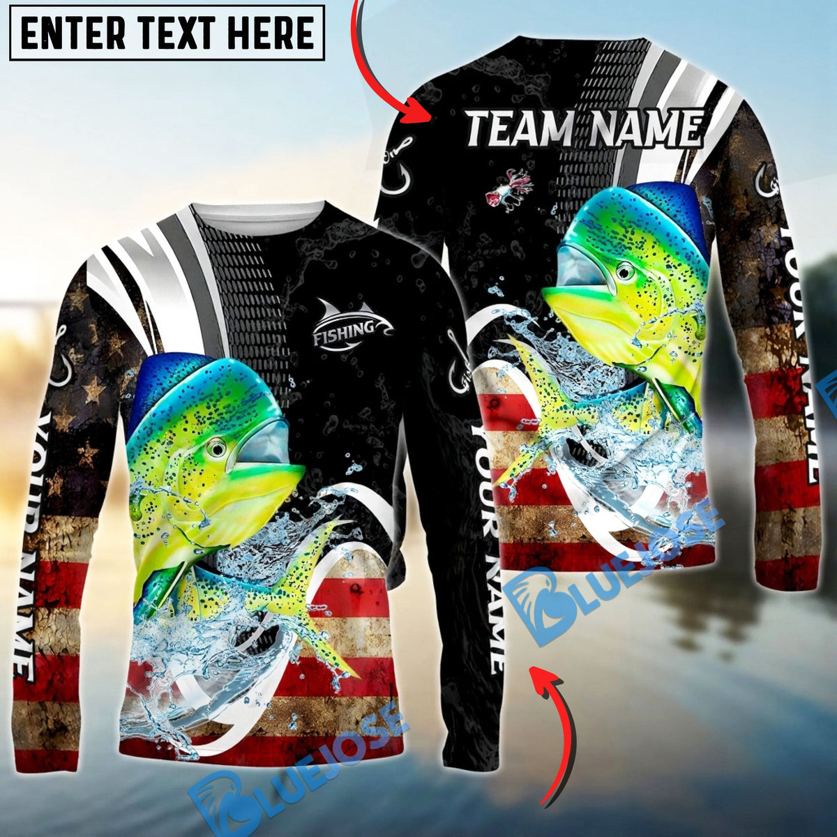 Bluejose Mahi-Mahi Fishing American Flag Splash Art Custom Name &amp; Team Name 3D Shirts