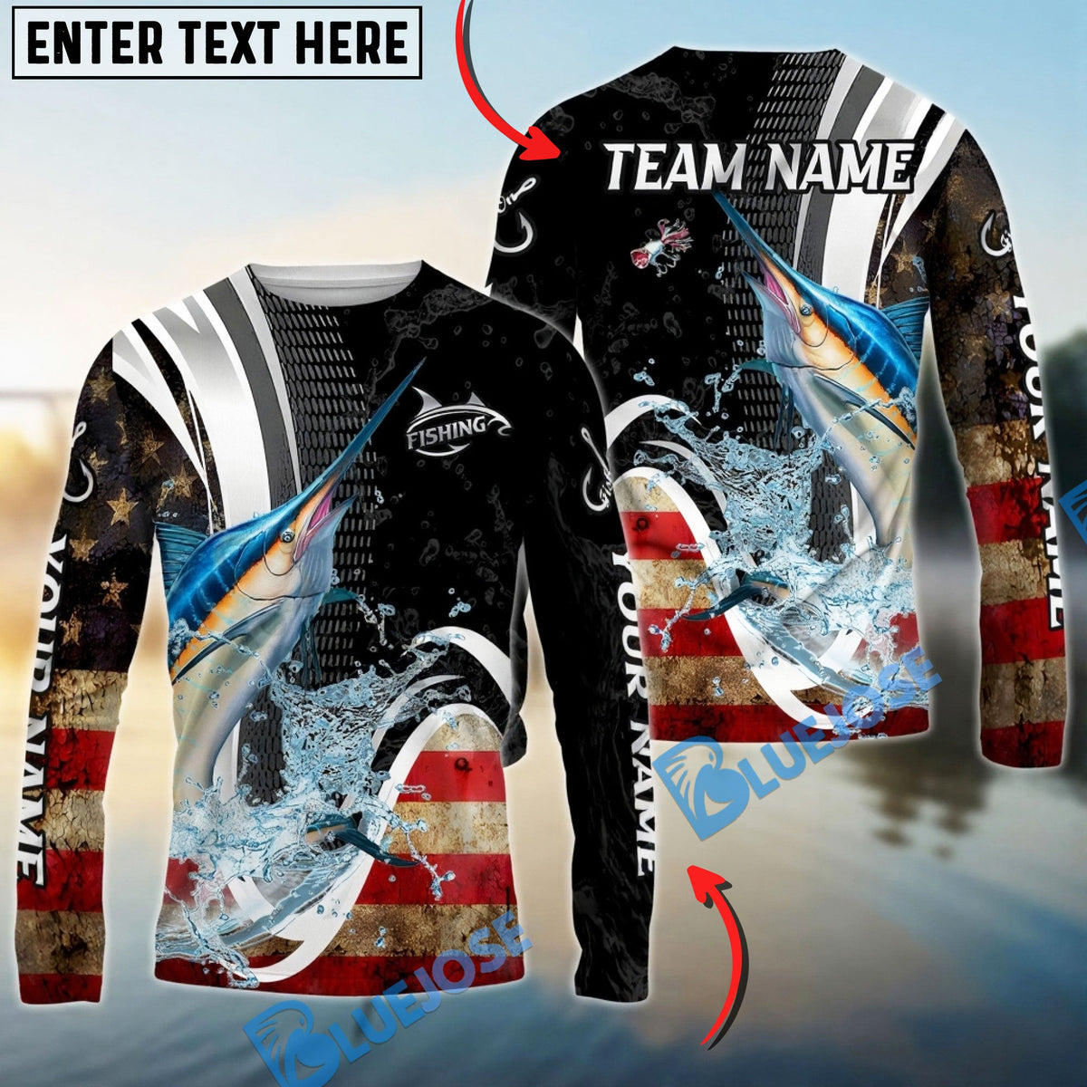 Bluejose Marlin Fishing American Flag Splash Art Custom Name &amp; Team Name 3D Shirts