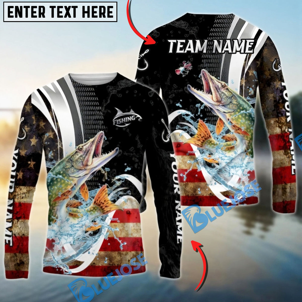 Bluejose Pike Fishing American Flag Splash Art Custom Name &amp; Team Name 3D Shirts