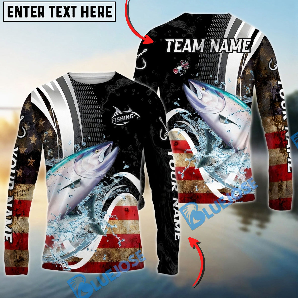 Bluejose Salmon Fishing American Flag Splash Art Custom Name &amp; Team Name 3D Shirts