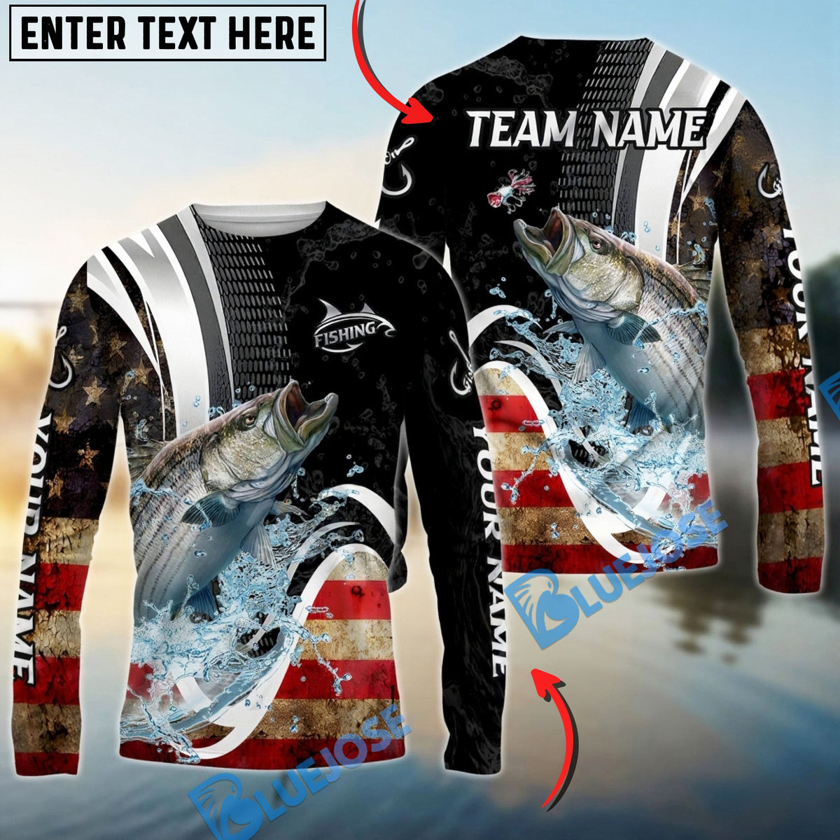 Bluejose Striped Bass Fishing American Flag Splash Art Custom Name &amp; Team Name 3D Shirts