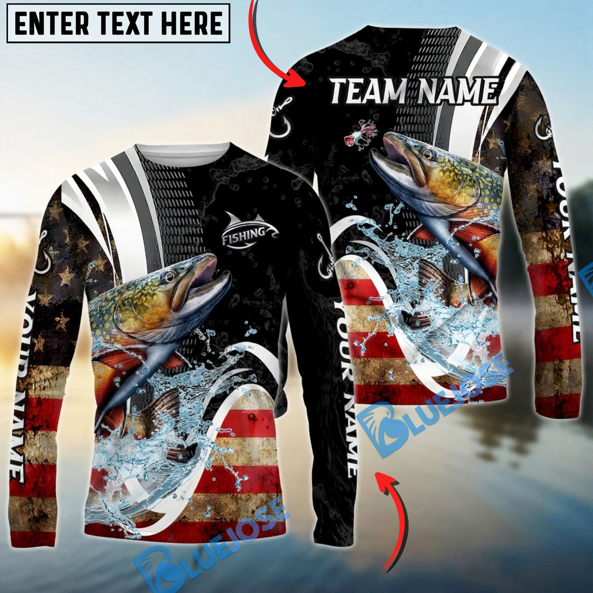 Bluejose Trout Fishing American Flag Splash Art Custom Name &amp; Team Name 3D Shirts