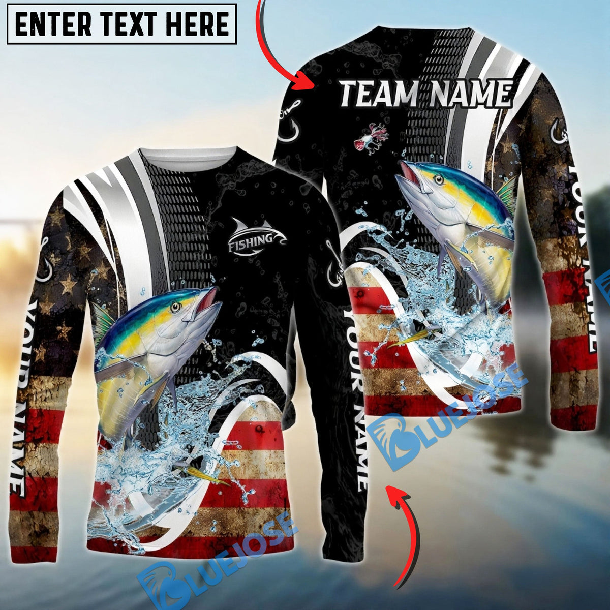 Bluejose Tuna Fishing American Flag Splash Art Custom Name &amp; Team Name 3D Shirts