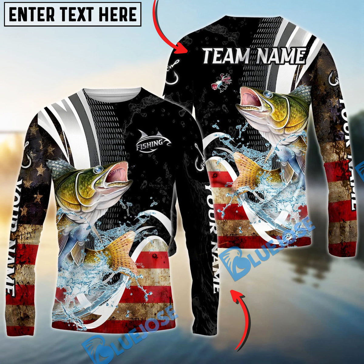 Bluejose Walleye Fishing American Flag Splash Art Custom Name &amp; Team Name 3D Shirts