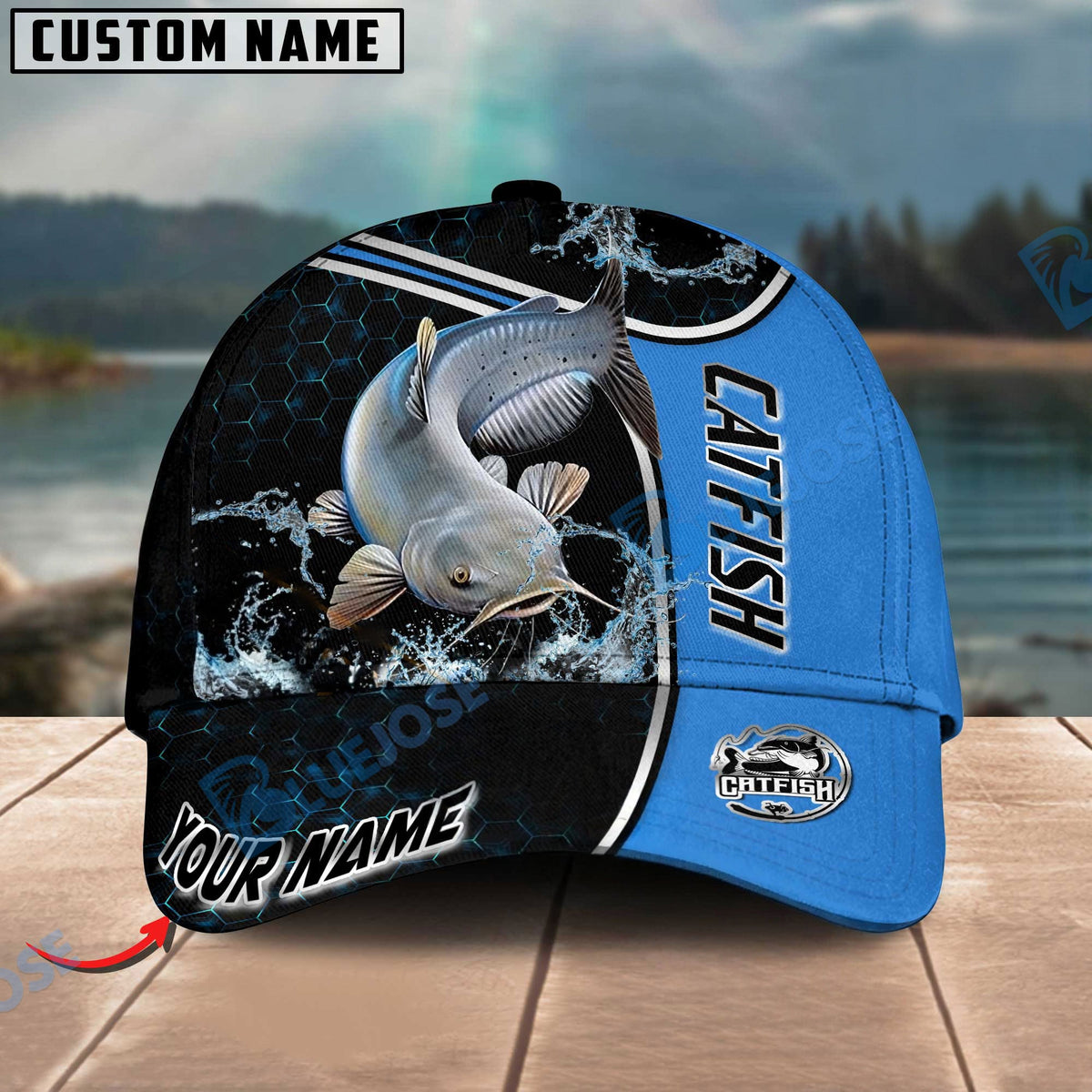 BlueJose Blue Hexagon Sport Style Water Splash Personalized Cap (13 Breeds)