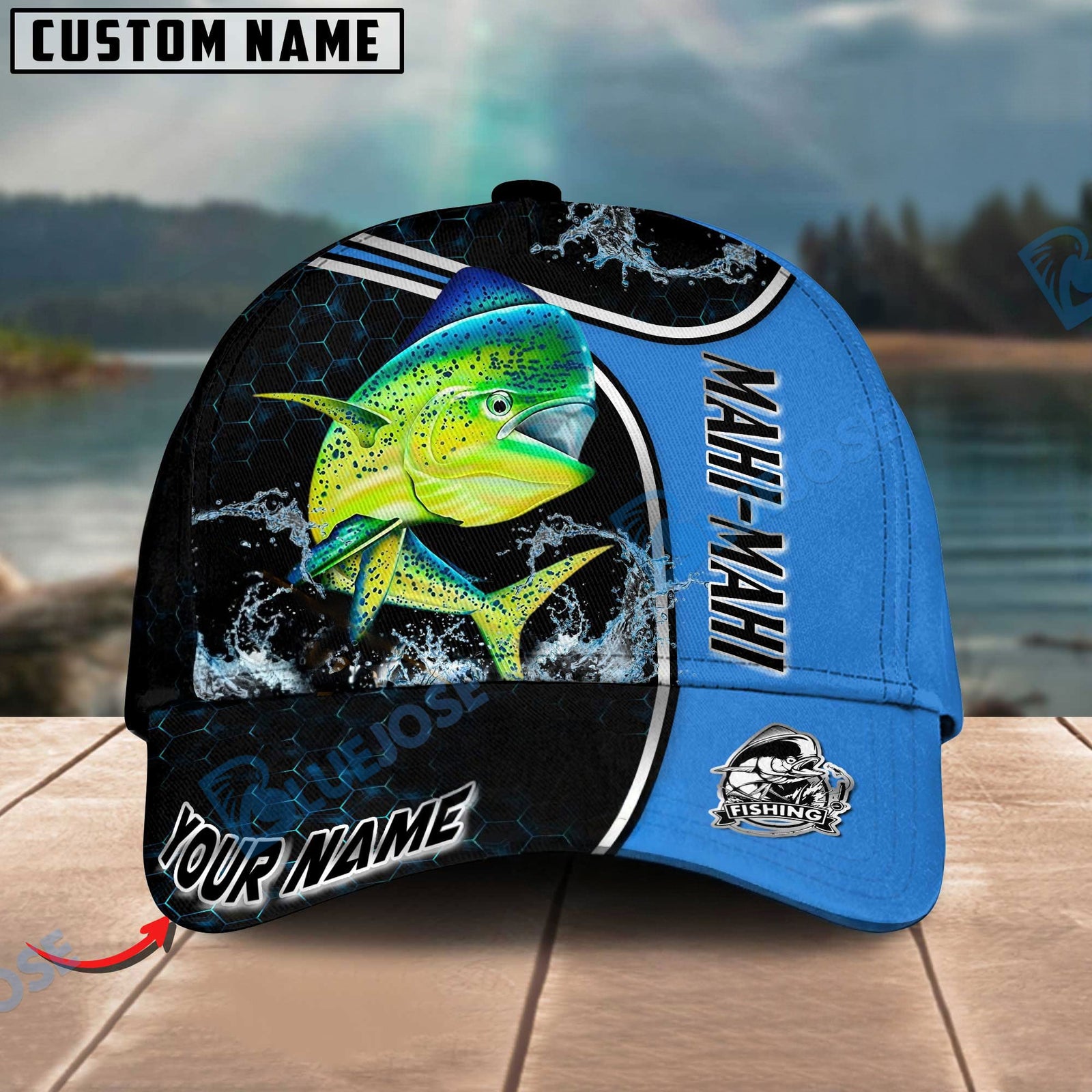 BlueJose Blue Hexagon Sport Style Water Splash Personalized Cap (13 Breeds)