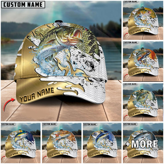 BlueJose Fishing Scale Pattern Gold Accent Water Splash Personalized Cap (13 Breeds)