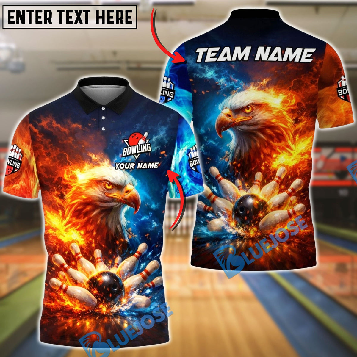 BlueJose Bowling Fire &amp; Ice Eagle Strike Explosion Personalized Name, Team Name 3D Shirt