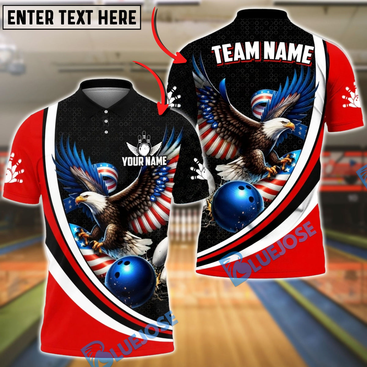 BlueJose Bowling &amp; Pins Eagle American Flag Wings &amp; Strike Ball Customized Name, Team Name 3D Shirt (4 Colors)
