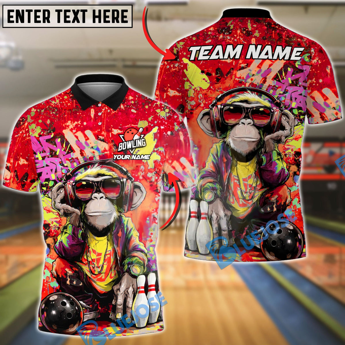 BlueJose Bowling &amp; Pins Graffiti Monkey Street Art Headphones Customized Name, Team Name 3D Shirt (4 Colors)