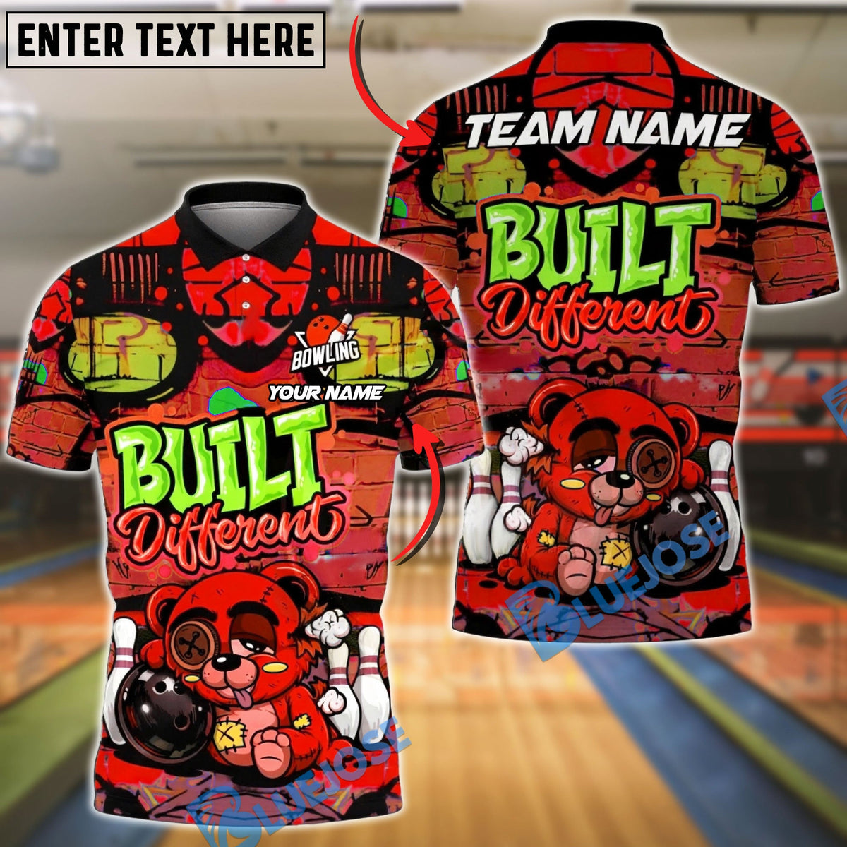 BlueJose Bowling &amp; Pins Built Different Graffiti Teddy Bear Customized Name, Team Name 3D Shirt (4 Colors)