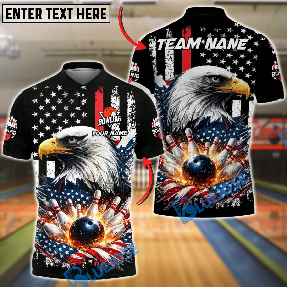 BlueJose Bowling &amp; Pins American Flag Eagle Strike Explosion Customized Name, Team Name 3D Shirt (4 Colors)