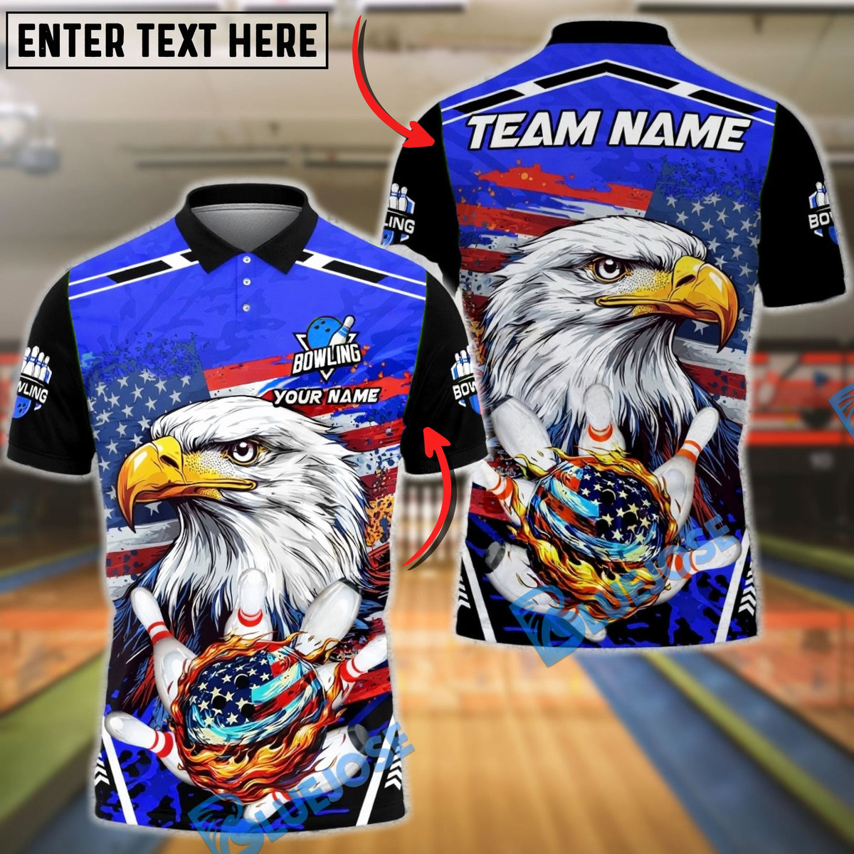 BlueJose Bowling &amp; Pins Patriotic Eagle Flaming Strike Customized Name, Team Name 3D Shirt (4 Colors)