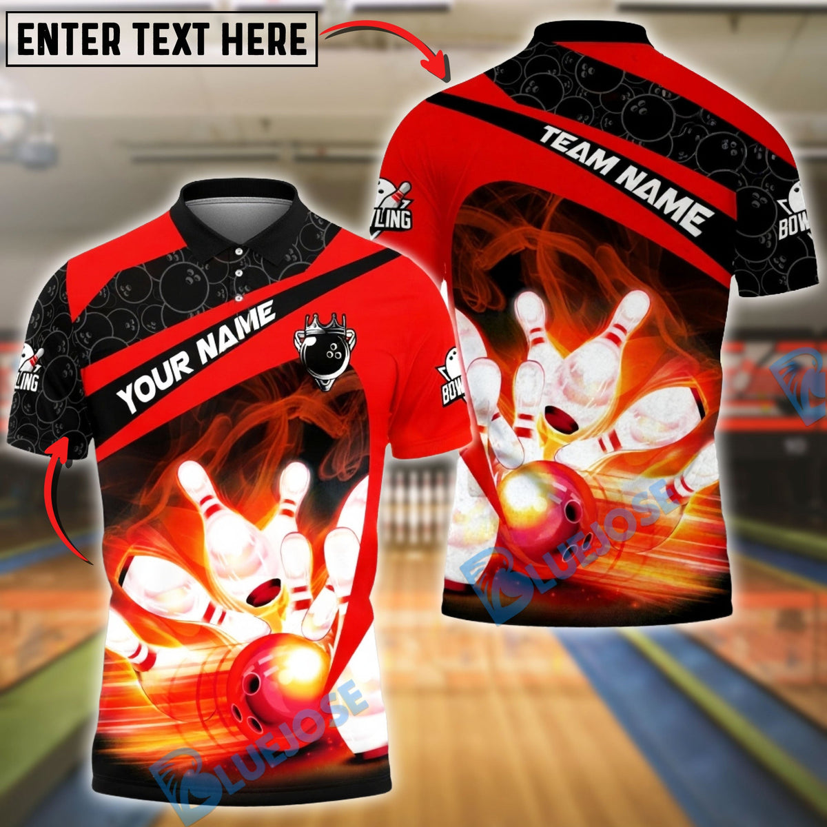 BlueJose Bowling &amp; Pins Strike Fire Motion Pins Smash Customized Name, Team Name 3D Shirt (4 Colors)